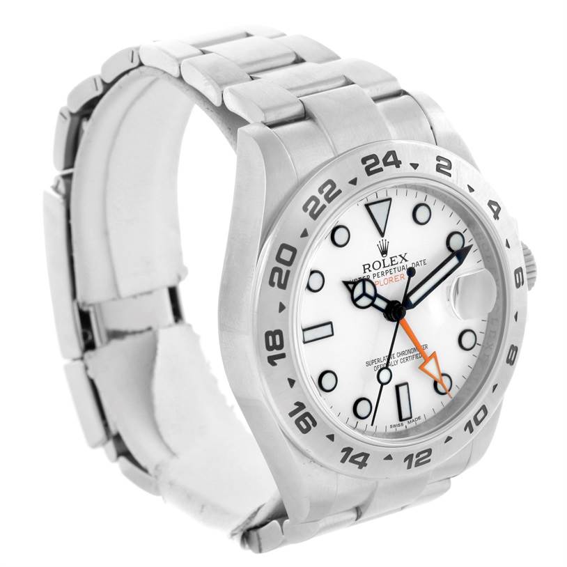 This image shows a Rolex Explorer 216570 Men's Stainless Steel White Dial 216570 Men's Stainless Steel White Dial watch at an angled perspective, highlighting its face, bezel, and bracelet links.