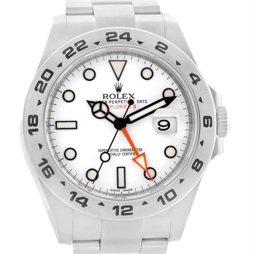 This image shows a front view of the Rolex Explorer 216570 Men's Stainless Steel White Dial 216570 Men's Stainless Steel White Dial watch, highlighting its face, bezel, and part of the bracelet.