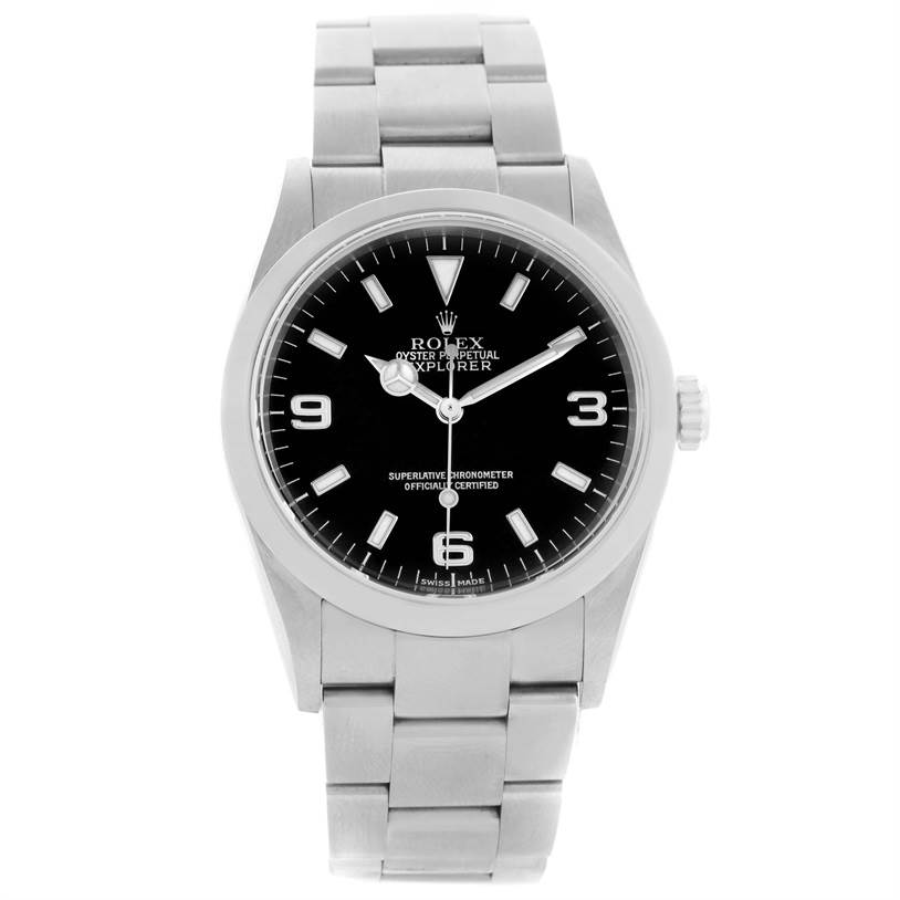 The Rolex Explorer 114270 Men's Stainless Steel Black Dial 114270 Men's Stainless Steel Black Dial model is shown from the front, displaying its black dial, hour markers, and stainless steel bracelet.