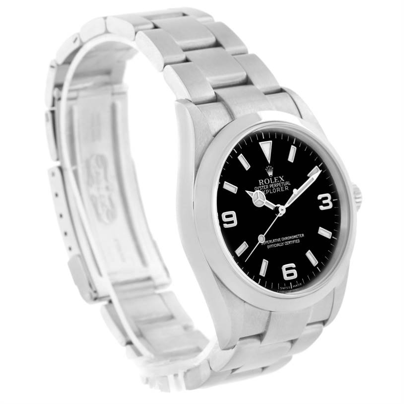 This image shows a side-angle view of a Rolex Explorer 114270 Men's Stainless Steel Black Dial 114270 Men's Stainless Steel Black Dial watch, highlighting its face, bezel, and metal bracelet.