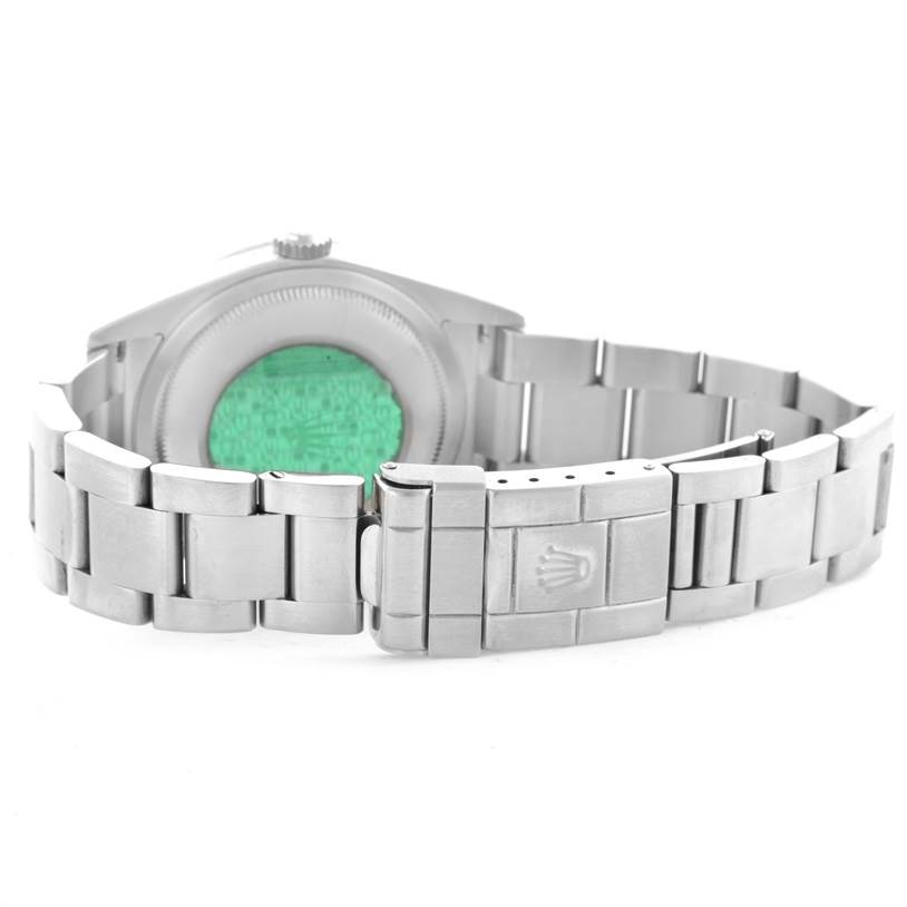 This image shows the back view of a Rolex Explorer 114270 Men's Stainless Steel Black Dial 114270 Men's Stainless Steel Black Dial's case and bracelet, including the clasp and case back.