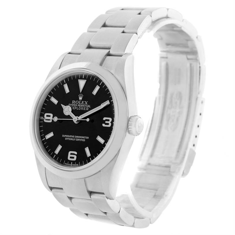 The Rolex Explorer 114270 Men's Stainless Steel Black Dial 114270 Men's Stainless Steel Black Dial watch is shown at a slight front-side angle, displaying its face, bezel, and partially open bracelet.