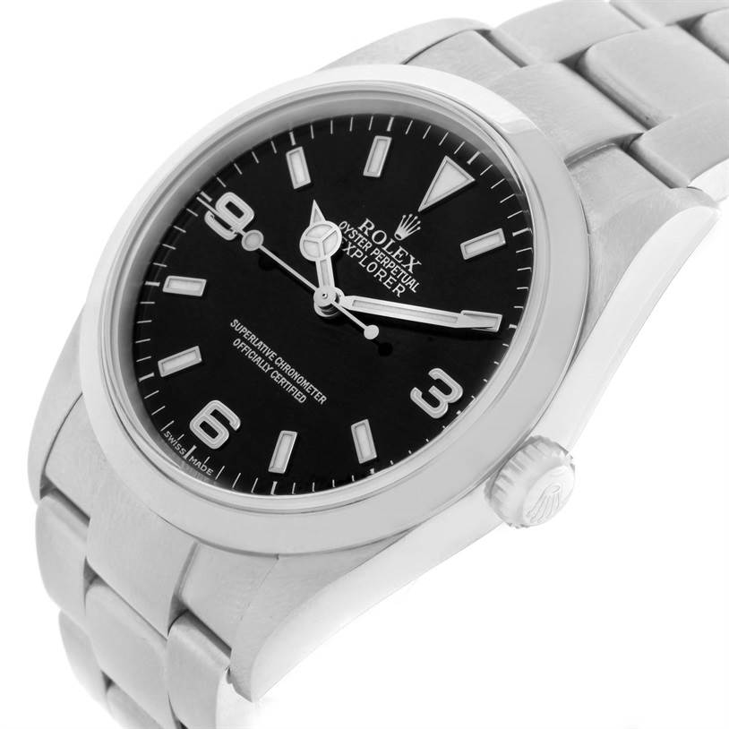 This image shows a frontal view of the Rolex Explorer 114270 Men's Stainless Steel Black Dial 114270 Men's Stainless Steel Black Dial watch, highlighting its dial, case, and part of the bracelet.