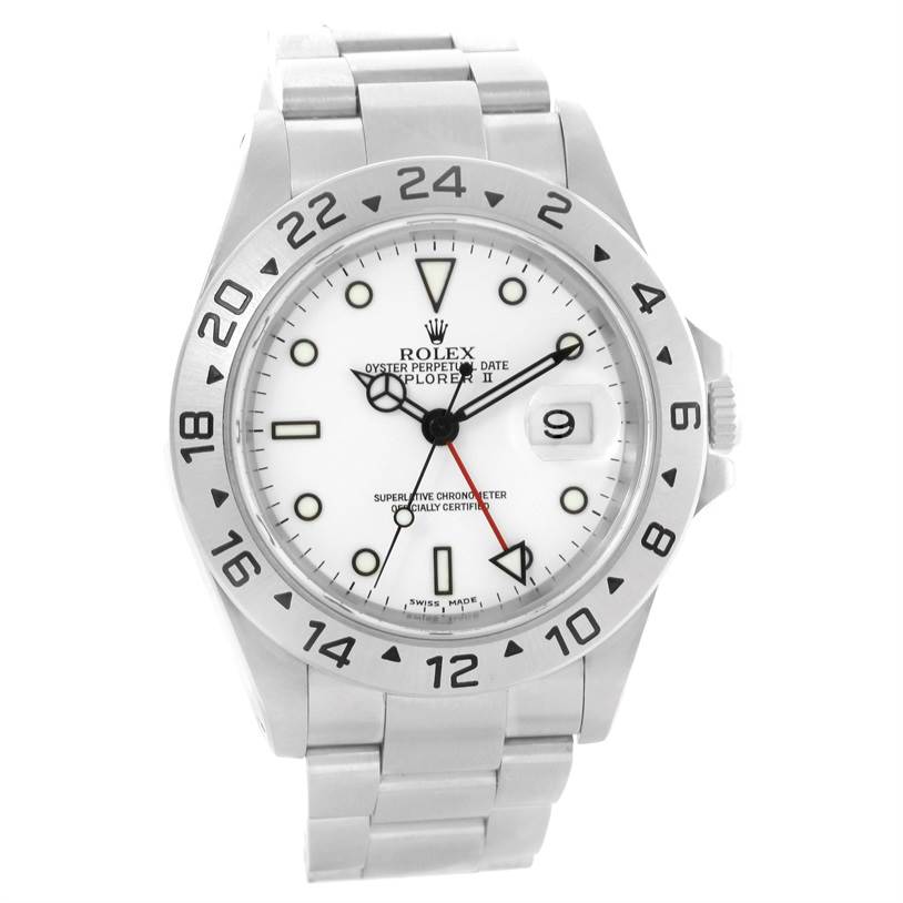 The image shows a front view of a Rolex Explorer 16570 Men's Stainless Steel White Dial 16570 Men's Stainless Steel White Dial watch, displaying the dial, bezel, and bracelet.