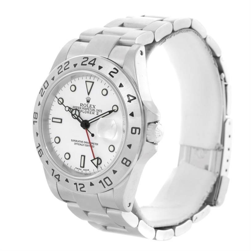 This image shows the Rolex Explorer 16570 Men's Stainless Steel White Dial 16570 Men's Stainless Steel White Dial watch from an angled front view, displaying the dial, bezel, and part of the bracelet.