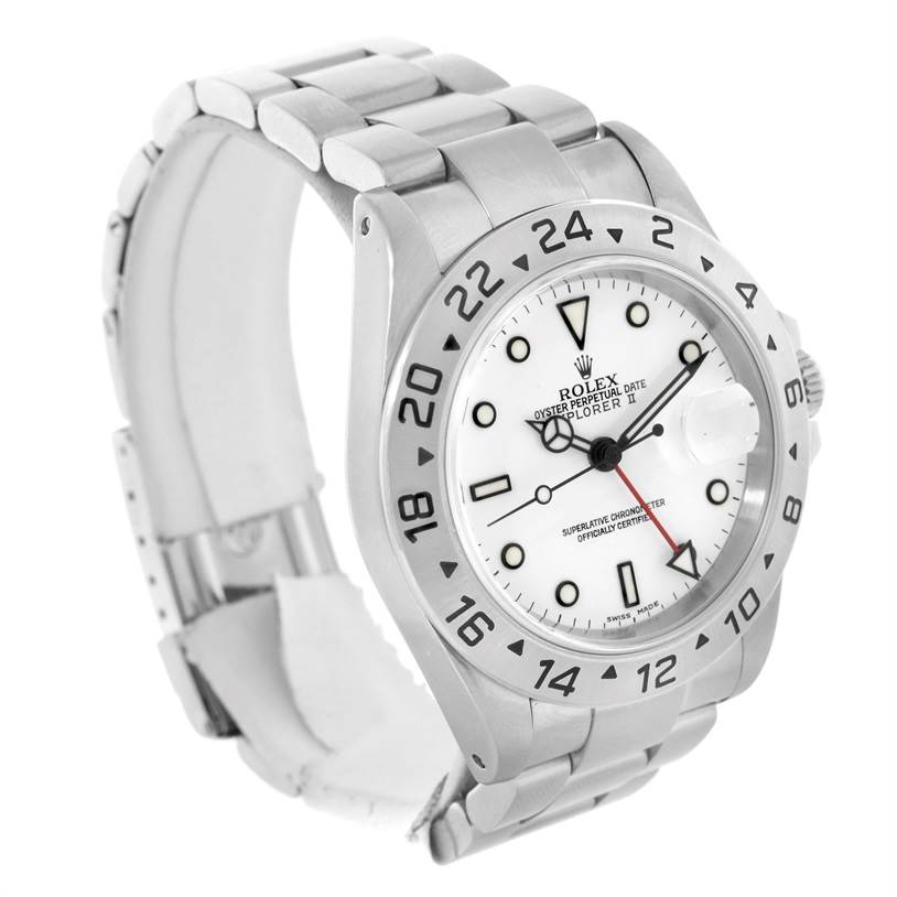 The Rolex Explorer 16570 Men's Stainless Steel White Dial 16570 Men's Stainless Steel White Dial watch is shown from a three-quarter angled view, displaying the dial, bezel, and bracelet.