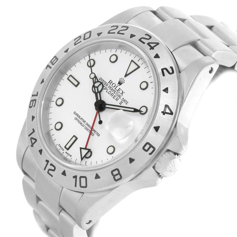 The Rolex Explorer 16570 Men's Stainless Steel White Dial 16570 Men's Stainless Steel White Dial model watch is shown at a slight angle displaying the face, bezel, and part of the bracelet.