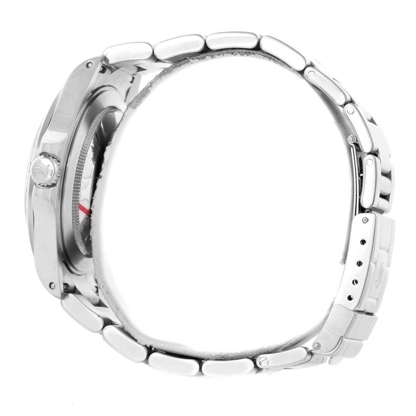 The image shows a side profile of the Rolex Explorer 16570 Men's Stainless Steel White Dial 16570 Men's Stainless Steel White Dial watch, highlighting the bracelet, crown, and clasp.