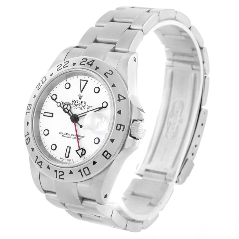 The Rolex Explorer 16570 Men's Stainless Steel White Dial 16570 Men's Stainless Steel White Dial watch is shown at a three-quarter angle, highlighting its bezel, dial, crown, and bracelet.