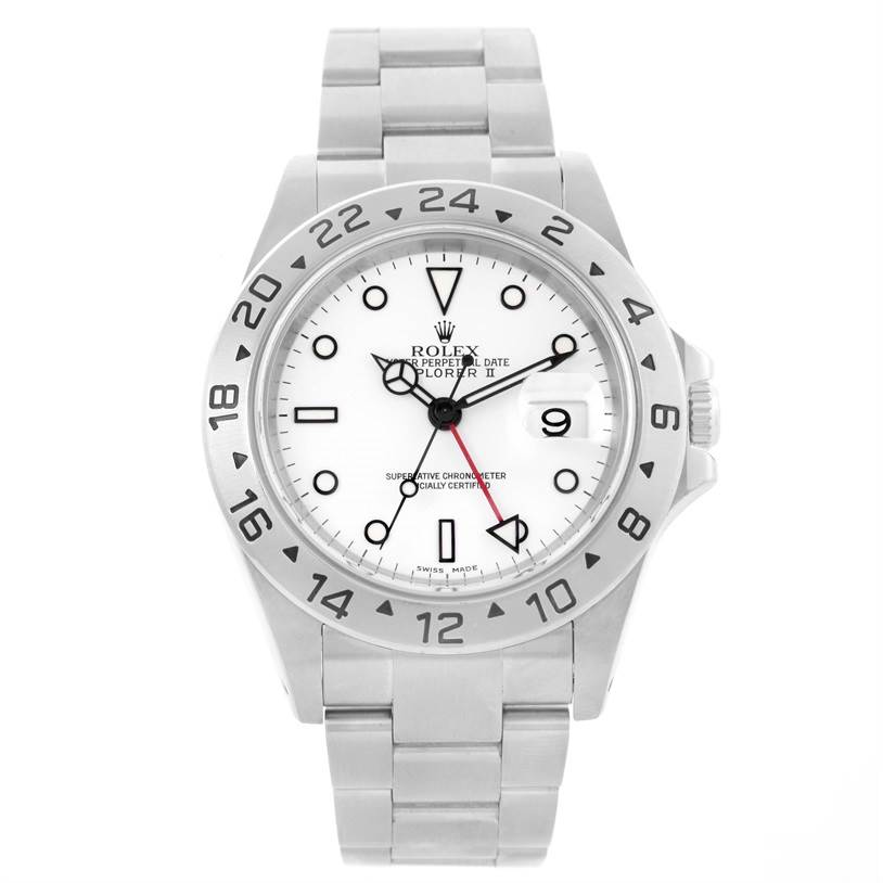 This is a front view of the Rolex Explorer 16570 Men's Stainless Steel White Dial 16570 Men's Stainless Steel White Dial watch, showcasing the face, bezel, crown, and bracelet.