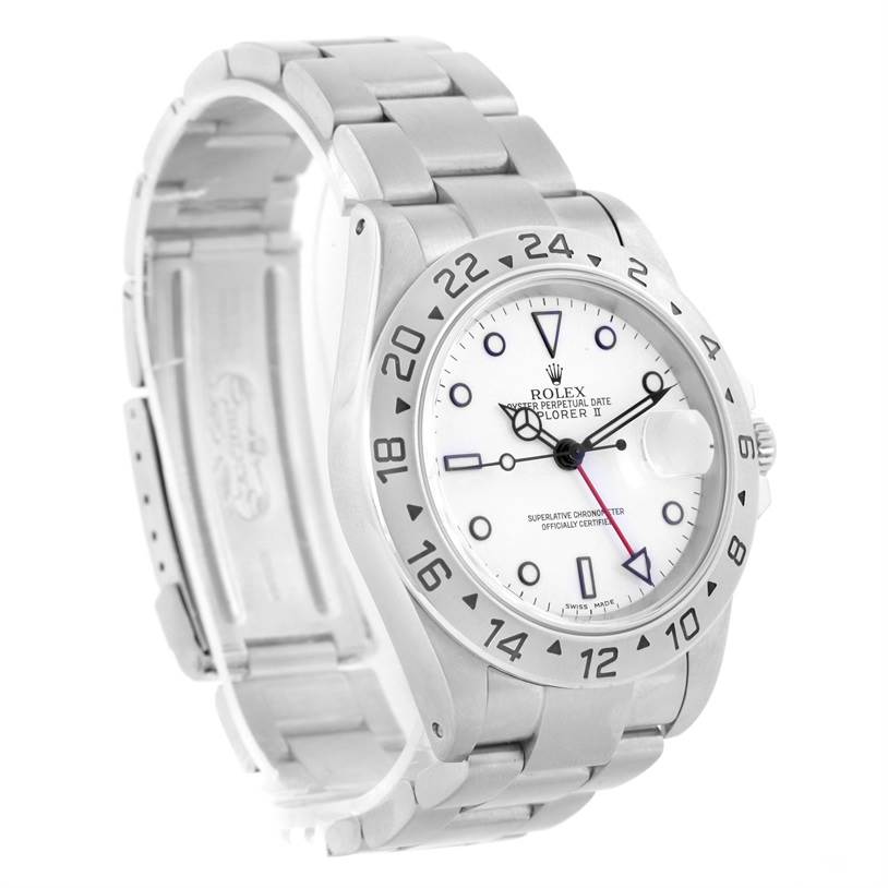 The Rolex Explorer 16570 Men's Stainless Steel White Dial 16570 Men's Stainless Steel White Dial watch is shown at a three-quarter angle, highlighting the face, bezel, and bracelet.