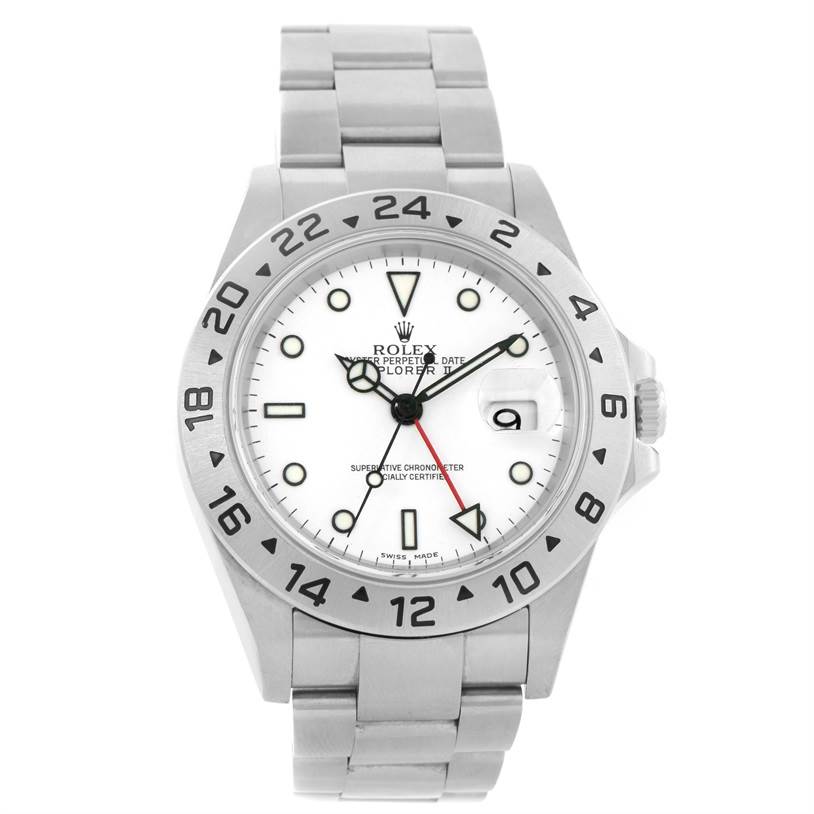 The image shows a front view of the Rolex Explorer 16570 Men's Stainless Steel White Dial 16570 Men's Stainless Steel White Dial watch, displaying the face, hands, and part of the bracelet.