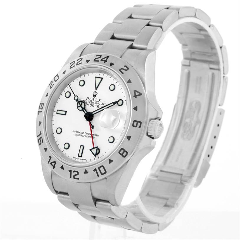 This image shows the front view of a Rolex Explorer 16570 Men's Stainless Steel White Dial 16570 Men's Stainless Steel White Dial watch, displaying the face, bezel, and part of the bracelet.