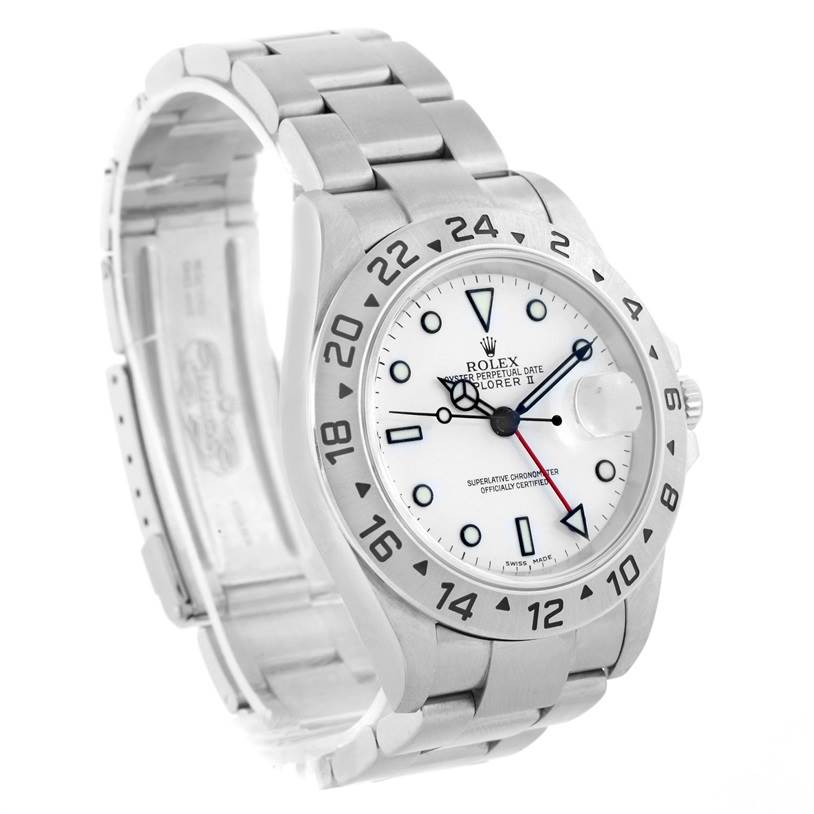 The image shows a Rolex Explorer 16570 Men's Stainless Steel White Dial 16570 Men's Stainless Steel White Dial watch at an angled view, highlighting its bezel, dial, bracelet, and clasp.