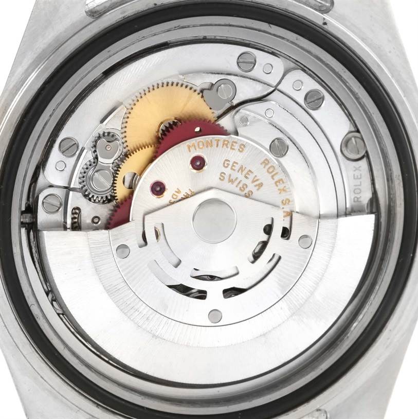 This image shows the inner mechanism and movement parts of a Rolex Explorer 16570 Men's Stainless Steel White Dial 16570 Men's Stainless Steel White Dial watch from a back view.