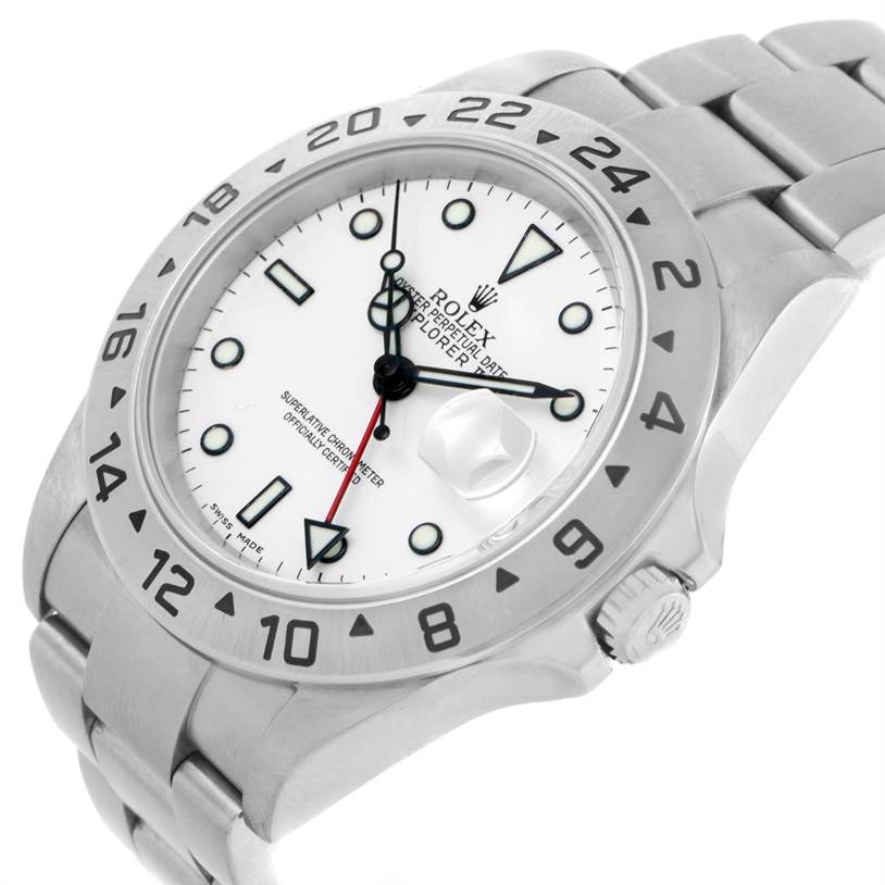 The Rolex Explorer 16570 Men's Stainless Steel White Dial 16570 Men's Stainless Steel White Dial watch is shown from an angle highlighting the face, bezel, crown, and part of the bracelet.