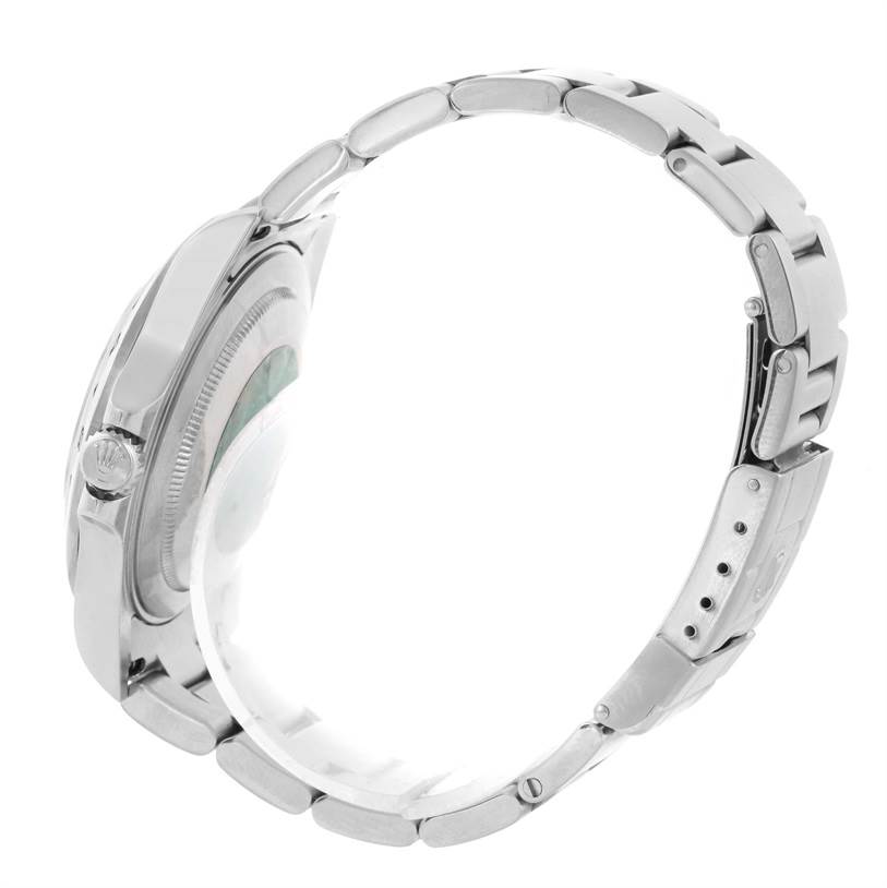 The image shows a side angle of the Rolex Explorer 16570 Men's Stainless Steel White Dial 16570 Men's Stainless Steel White Dial watch, highlighting its bracelet, case, and crown.