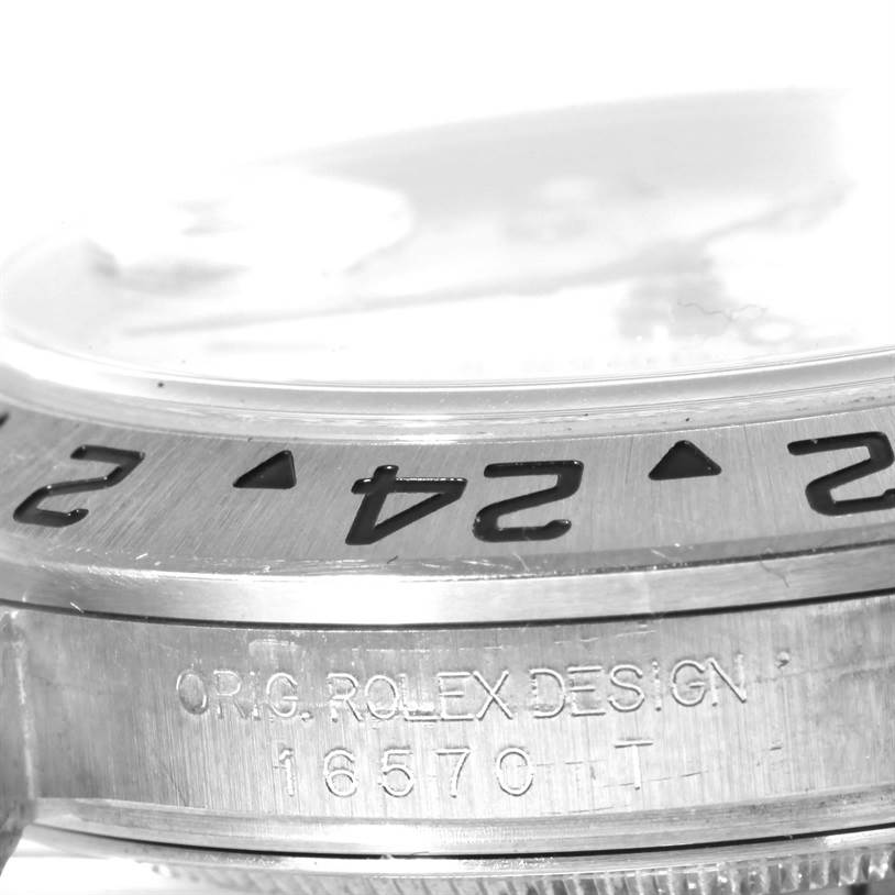 The image shows a close-up angle of the bezel and case edge of a Rolex Explorer 16570 Men's Stainless Steel White Dial 16570 Men's Stainless Steel White Dial watch, displaying the model number "16570."