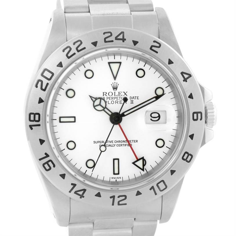 The image shows a front view of the Rolex Explorer 16570 Men's Stainless Steel White Dial 16570 Men's Stainless Steel White Dial watch, displaying its white dial, steel bezel, and bracelet.