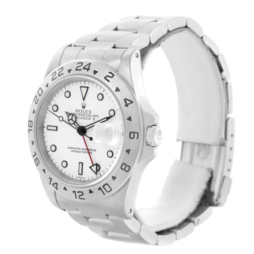 The image shows a front and side view of a Rolex Explorer 16570 Men's Stainless Steel White Dial 16570 Men's Stainless Steel White Dial II, displaying its bezel, dial, and bracelet.