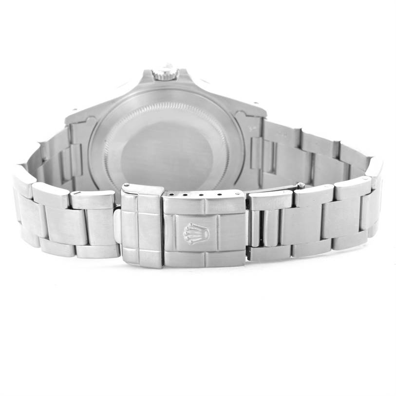 This image shows the backside and clasp of a Rolex Explorer 16570 Men's Stainless Steel White Dial 16570 Men's Stainless Steel White Dial watch, showcasing the bracelet and part of the caseback.