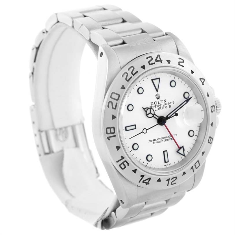 The image showcases a Rolex Explorer 16570 Men's Stainless Steel White Dial 16570 Men's Stainless Steel White Dial watch from a front angle, displaying its face, bezel, and bracelet.