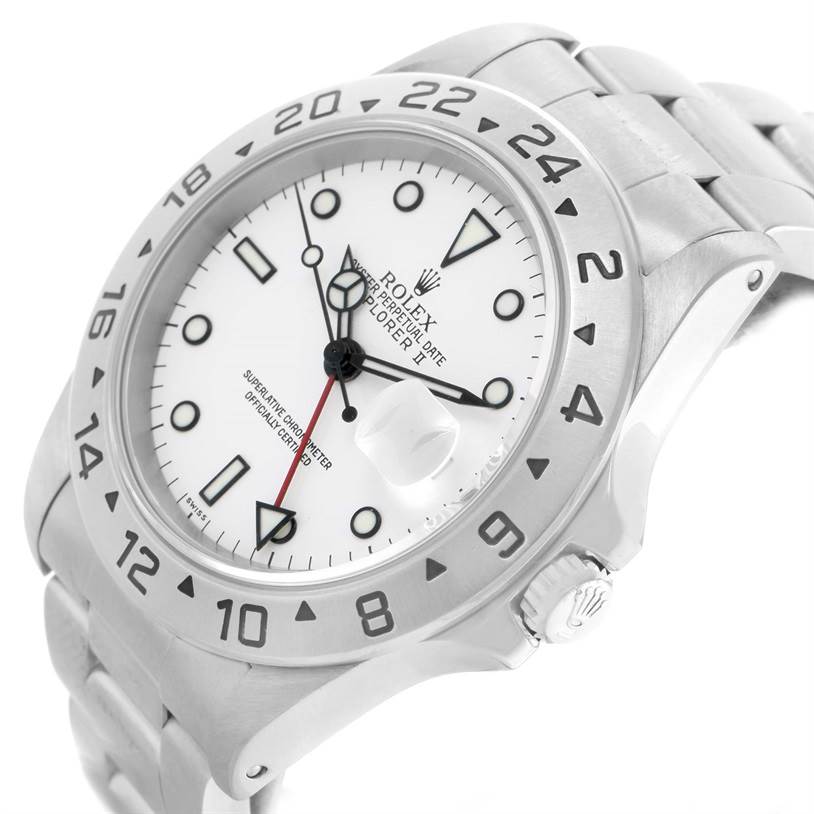 The image shows a Rolex Explorer 16570 Men's Stainless Steel White Dial 16570 Men's Stainless Steel White Dial watch from a three-quarter angle, highlighting the dial, bezel, crown, and bracelet.