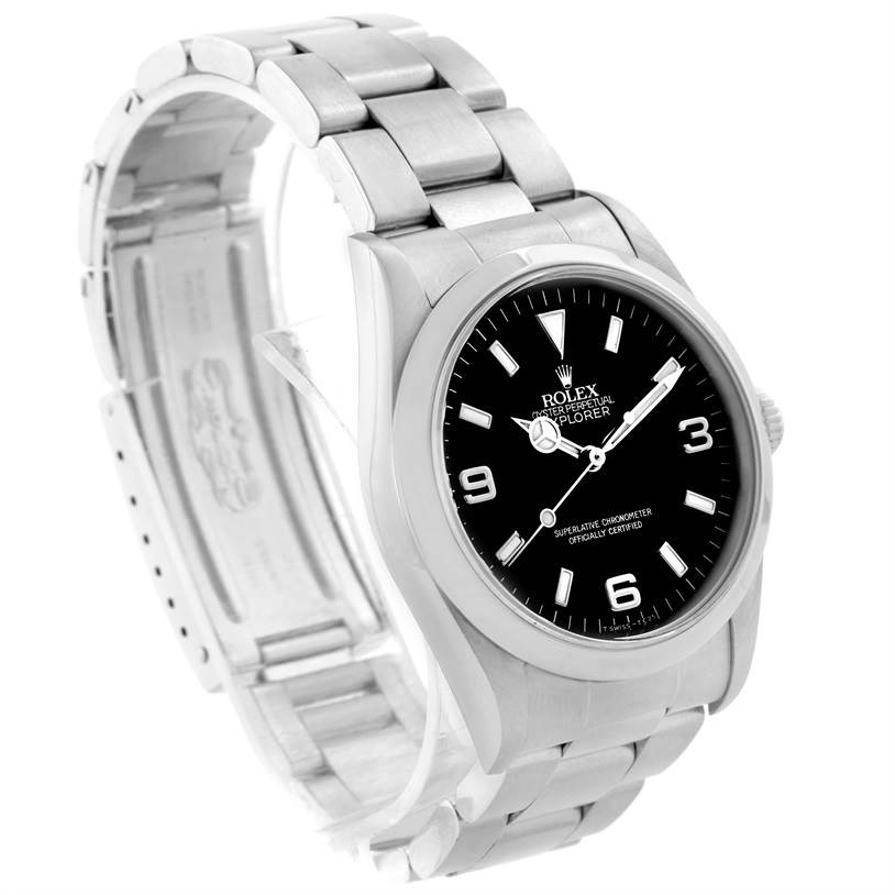 The image shows a Rolex Explorer 14270 Men's Stainless Steel Black Dial 14270 Men's Stainless Steel Black Dial watch from a side angle, highlighting its black dial and stainless steel bracelet.
