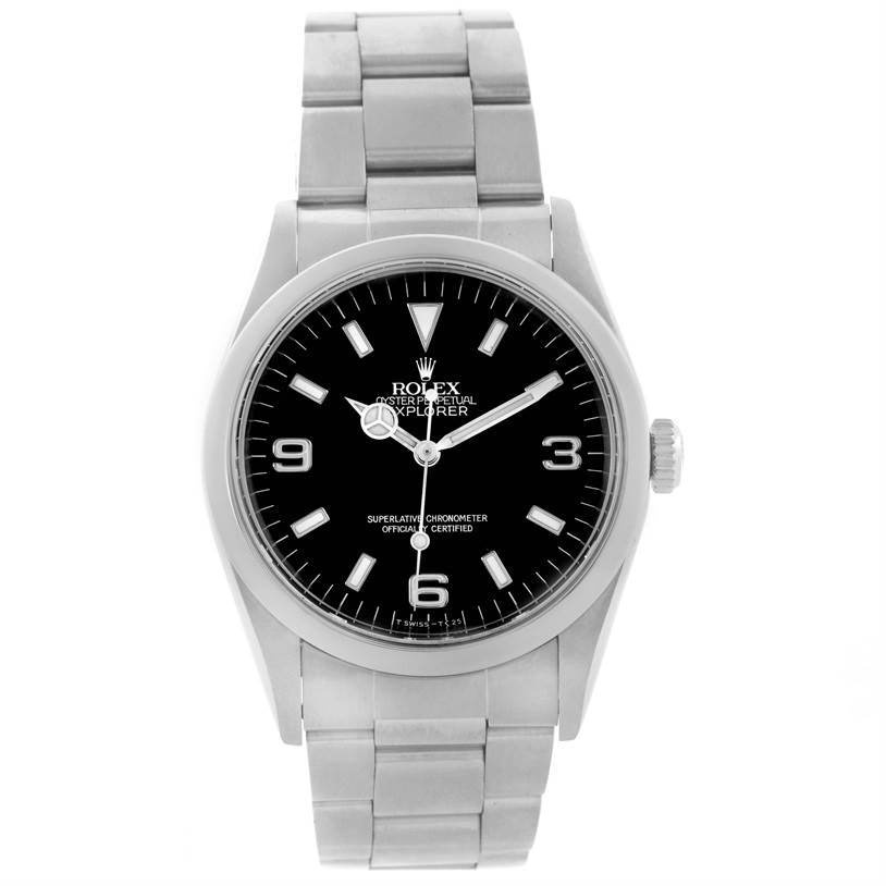 The image shows a front view of the Rolex Explorer 14270 Men's Stainless Steel Black Dial 14270 Men's Stainless Steel Black Dial model watch, displaying its black dial, hour markers, and bracelet.