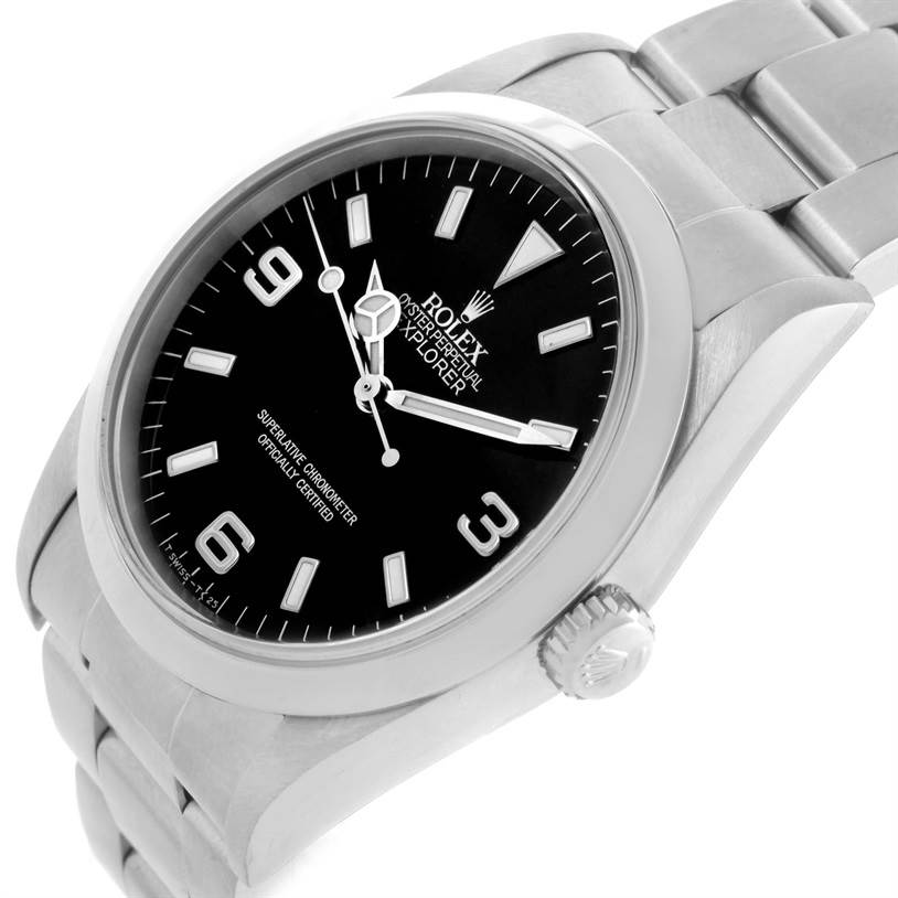 This Rolex Explorer 14270 Men's Stainless Steel Black Dial 14270 Men's Stainless Steel Black Dial watch is shown from a 3/4 angle, displaying the face, bezel, and part of the bracelet.