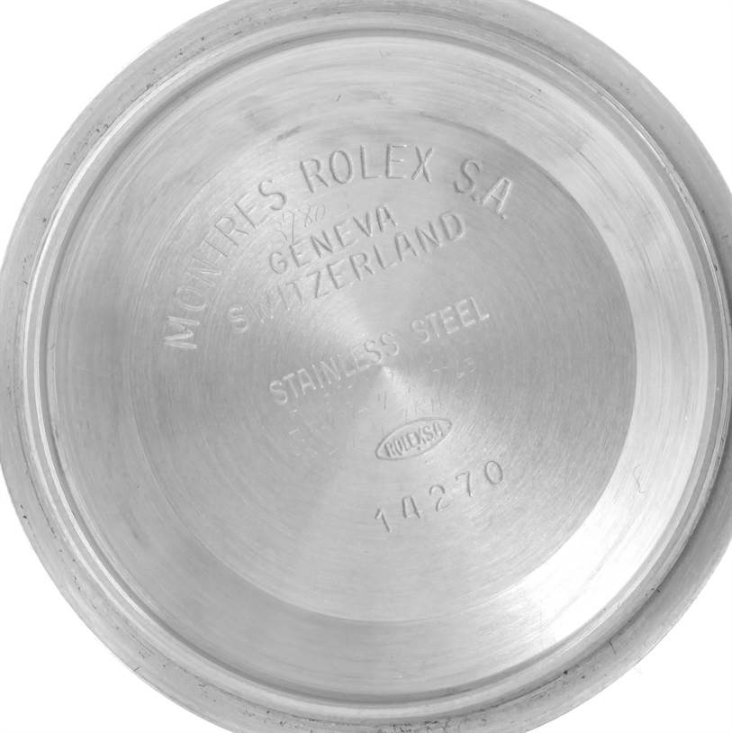 The image shows the inner side of the case back of a Rolex Explorer 14270 Men's Stainless Steel Black Dial 14270 Men's Stainless Steel Black Dial watch.