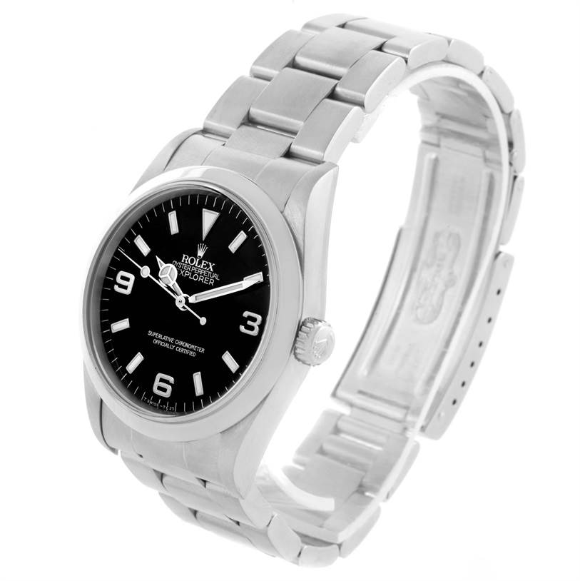 The image shows a Rolex Explorer 14270 Men's Stainless Steel Black Dial 14270 Men's Stainless Steel Black Dial watch from a semi-side angle, highlighting the dial, bracelet, and clasp.