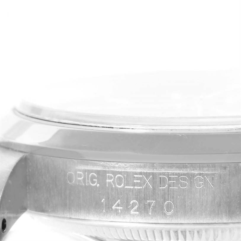 This image shows a close-up of the side case of a Rolex Explorer 14270 Men's Stainless Steel Black Dial 14270 Men's Stainless Steel Black Dial watch, displaying the model number "14270."
