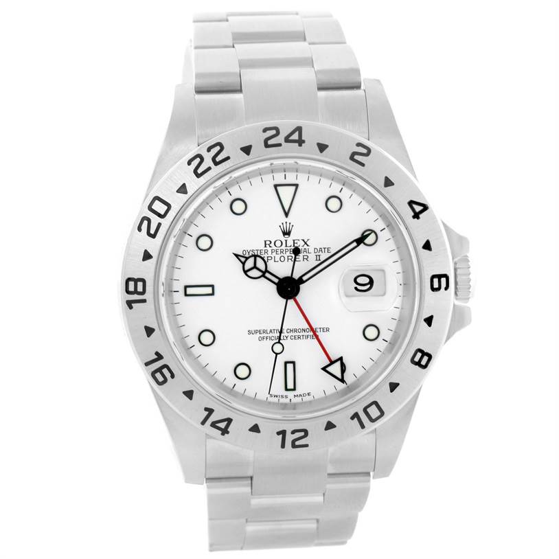 The image shows a front view of a Rolex Explorer 16570 Men's Stainless Steel White Dial 16570 Men's Stainless Steel White Dial watch, highlighting the dial, bezel, bracelet, and crown.