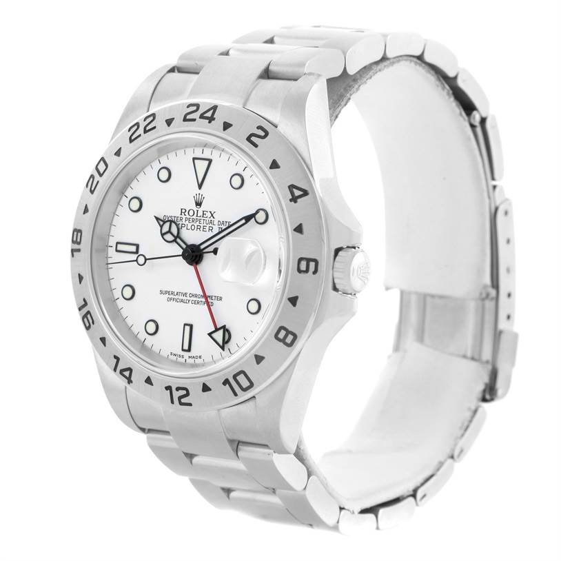 The image shows a side view of the Rolex Explorer 16570 Men's Stainless Steel White Dial 16570 Men's Stainless Steel White Dial watch, highlighting the face, bezel, and part of the bracelet.