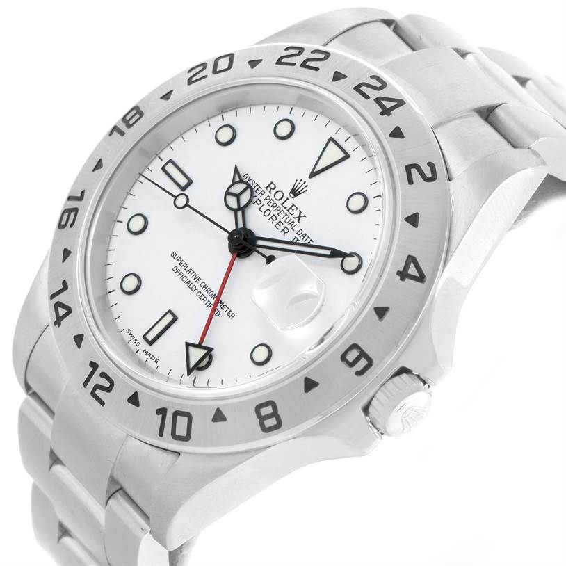 The image shows a Rolex Explorer 16570 Men's Stainless Steel White Dial 16570 Men's Stainless Steel White Dial watch at a slight angle, highlighting its white dial, bezel, and stainless steel bracelet.