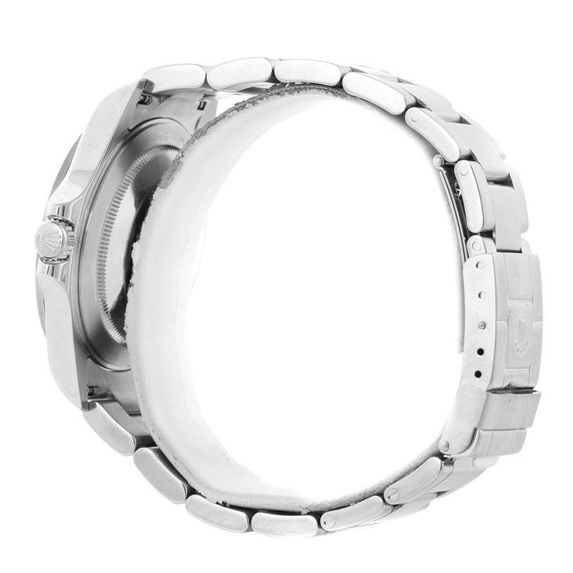 This image shows the side and back view of the Rolex Explorer 16570 Men's Stainless Steel White Dial 16570 Men's Stainless Steel White Dial watch, focusing on its metal bracelet and clasp.