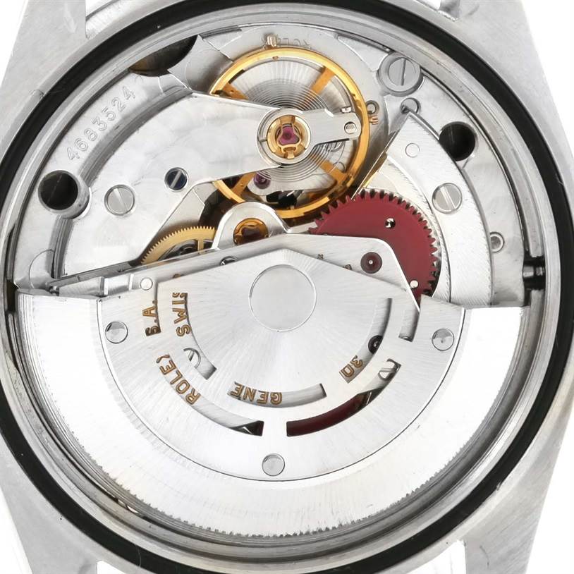 This image shows the detailed internal mechanism of a Rolex Explorer 14270 Men's Stainless Steel Black Dial 14270 Men's Stainless Steel Black Dial watch from a close-up, rear angle.