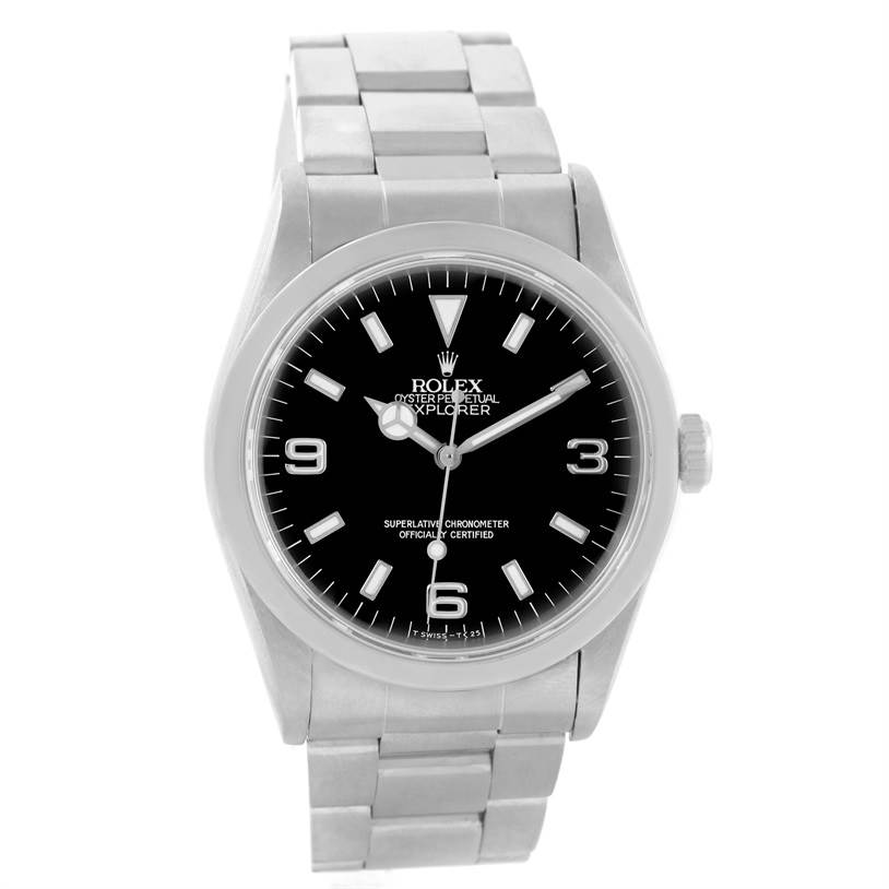 The Rolex Explorer 14270 Men's Stainless Steel Black Dial 14270 Men's Stainless Steel Black Dial model watch is shown from the front, displaying its dial, hands, and bracelet.