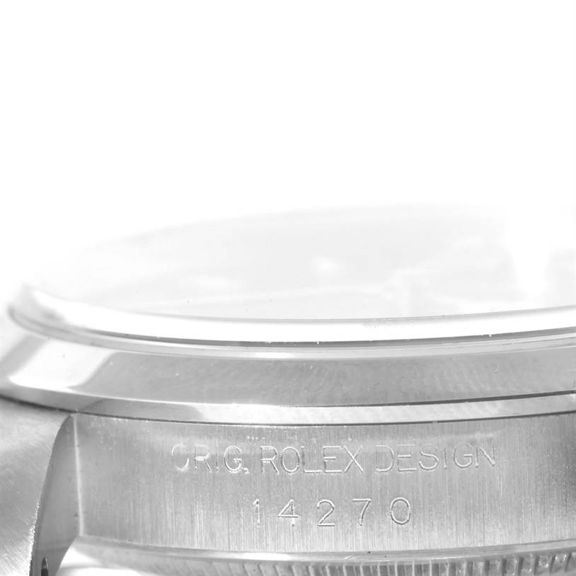 This is a close-up shot of the side of a Rolex Explorer 14270 Men's Stainless Steel Black Dial 14270 Men's Stainless Steel Black Dial watch, showing the case and model number 14270 engraved on it.