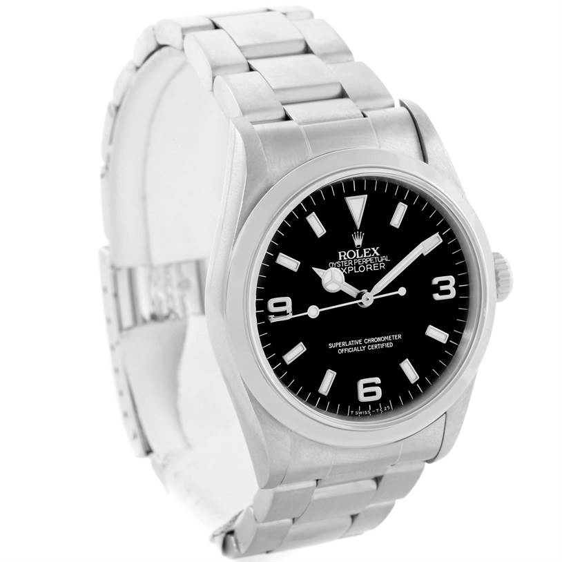 The image shows a front and slightly angled view of the Rolex Explorer 14270 Men's Stainless Steel Black Dial 14270 Men's Stainless Steel Black Dial watch, focusing on the dial and bracelet.