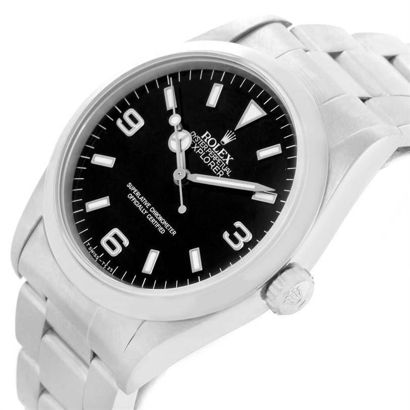 The Rolex Explorer 14270 Men's Stainless Steel Black Dial 14270 Men's Stainless Steel Black Dial model watch is shown at a slight angle, featuring the face, bezel, crown, and part of the bracelet.