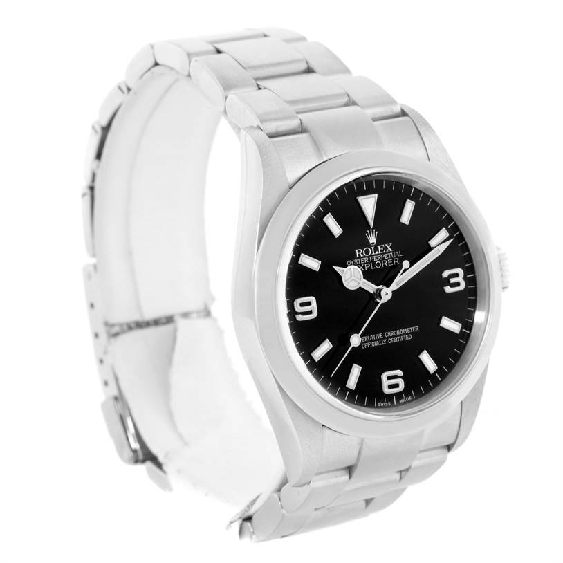 The image shows a front-angle view of a Rolex Explorer 114270 Men's Stainless Steel Black Dial 114270 Men's Stainless Steel Black Dial watch, highlighting its dial, case, and bracelet.