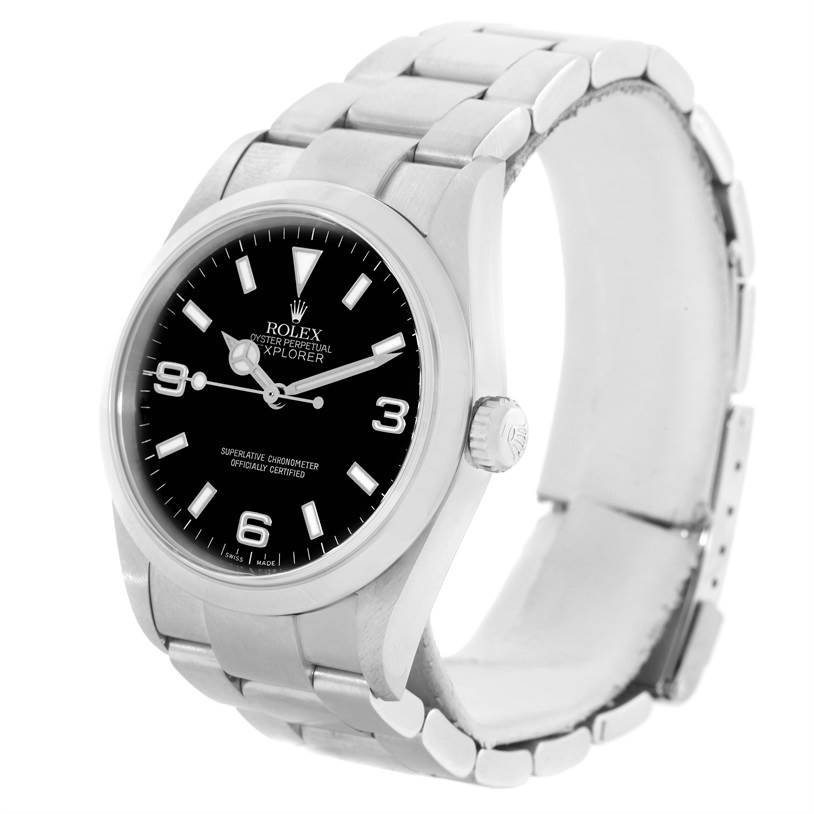The image shows a Rolex Explorer 114270 Men's Stainless Steel Black Dial 114270 Men's Stainless Steel Black Dial watch from an angled side view, highlighting the watch face, case, and bracelet.
