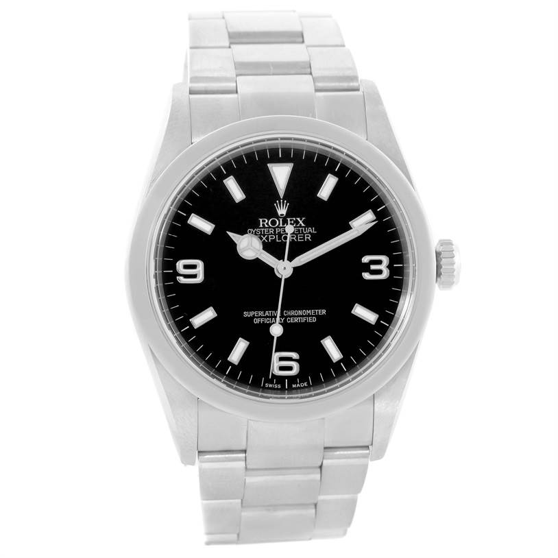 The image shows a front view of the Rolex Explorer 114270 Men's Stainless Steel Black Dial 114270 Men's Stainless Steel Black Dial watch, displaying the face, bezel, crown, and bracelet.