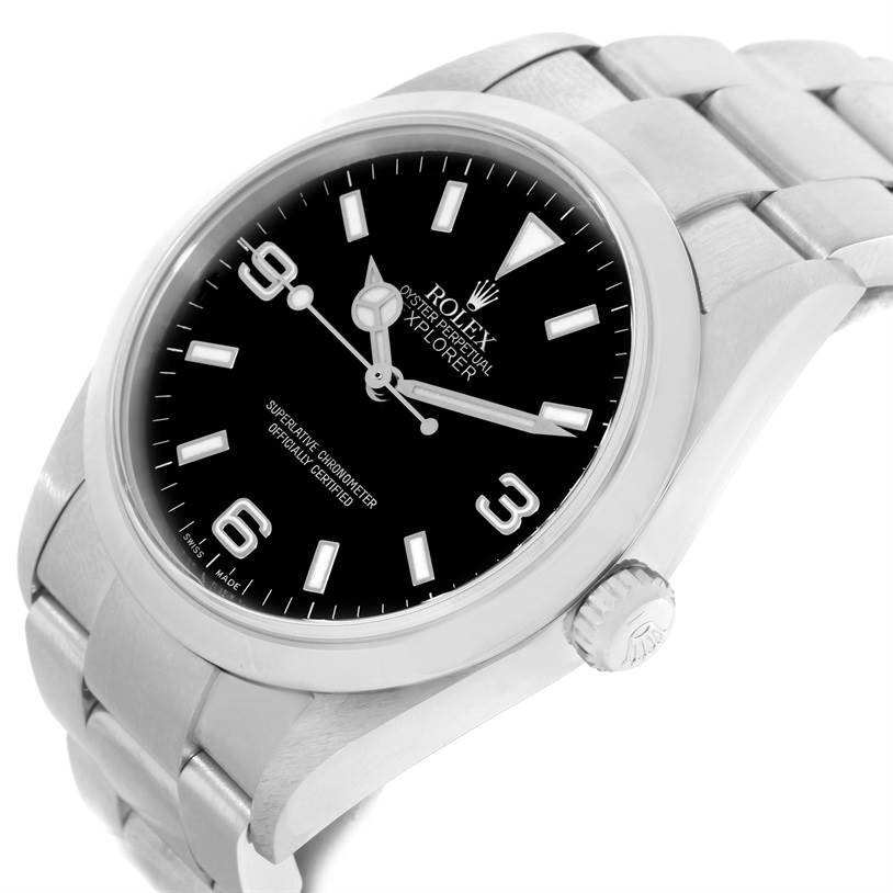 The image shows a close-up side angle of a Rolex Explorer 114270 Men's Stainless Steel Black Dial 114270 Men's Stainless Steel Black Dial watch, highlighting its dial, bezel, and bracelet.