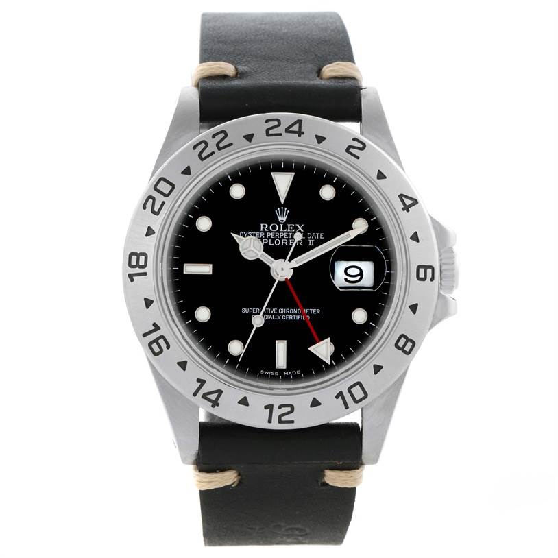 The image shows a front view of a Rolex Explorer 16570 Men's Stainless Steel Black Dial 16570 Men's Stainless Steel Black Dial watch, displaying the dial, bezel, and strap.