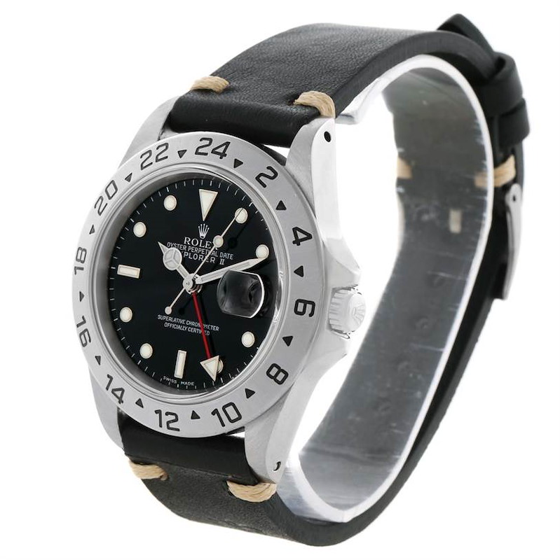 Rolex Explorer II Mens Steel Black Dial Leather Strap Watch 16570 SwissWatchExpo