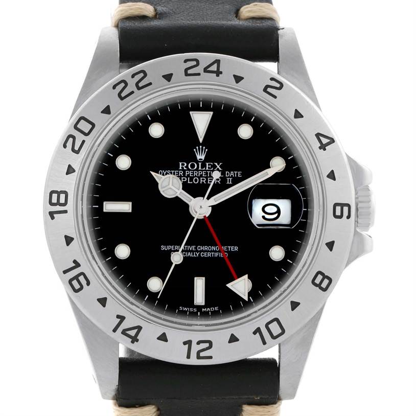 Rolex Explorer II Mens Steel Black Dial Leather Strap Watch 16570