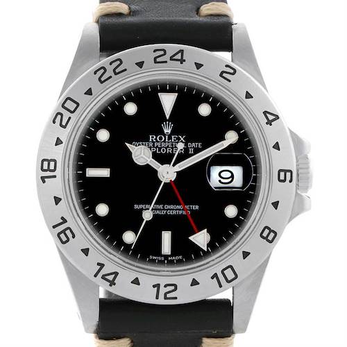 Photo of Rolex Explorer II Mens Steel Black Dial Leather Strap Watch 16570